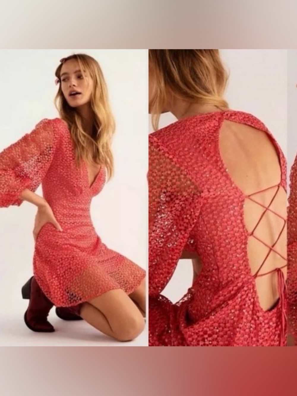 Free People sequin 3/4 bubble sleeve Coral plunge neck Mini Dress